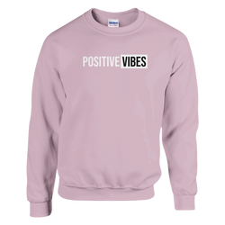 Pastel pink women's Positive Vibes sweatshirt with bold POSITIVE VIBES graphic across the chest, cozy casual top.