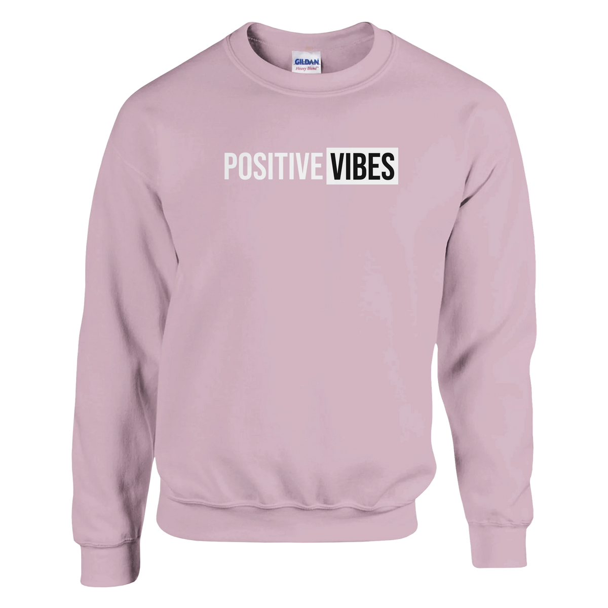 Pastel pink women's Positive Vibes sweatshirt with bold POSITIVE VIBES graphic across the chest, cozy casual top.