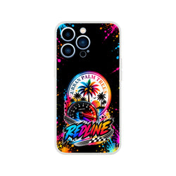 Vibrant Redline car culture iPhone case featuring a speedometer, palm trees, and colorful paint splatter art on a black background.