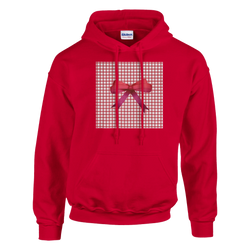 Red Gingham Bow Hoodie for Women. Cute Coquette checkered pullover featuring a signature pink ribbon detail on the chest for a doll core aesthetic.