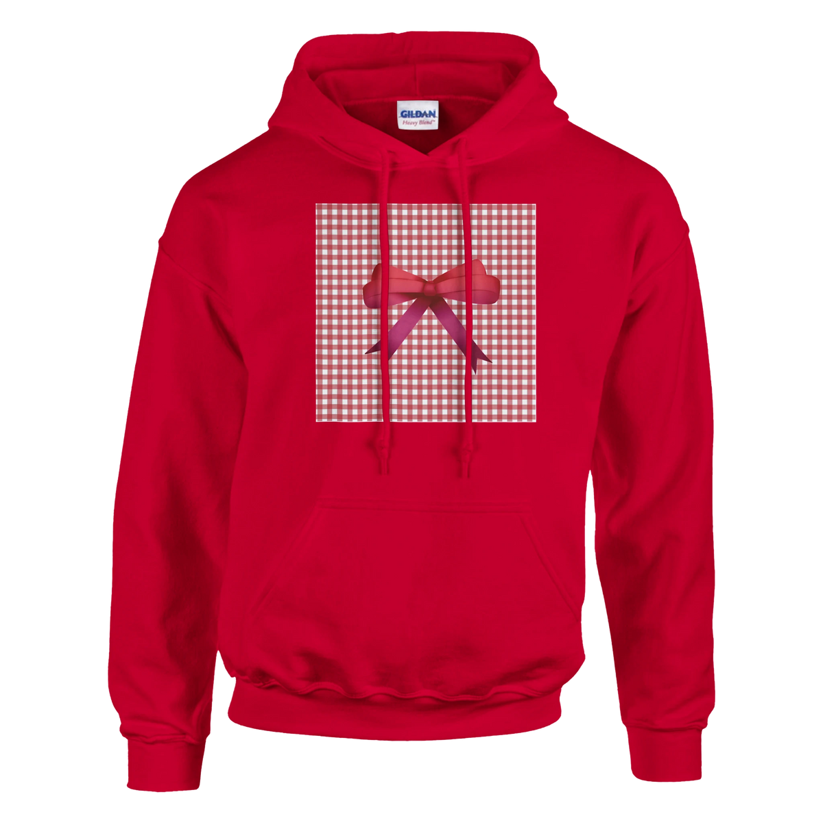 Red Gingham Bow Hoodie for Women. Cute Coquette checkered pullover featuring a signature pink ribbon detail on the chest for a doll core aesthetic.