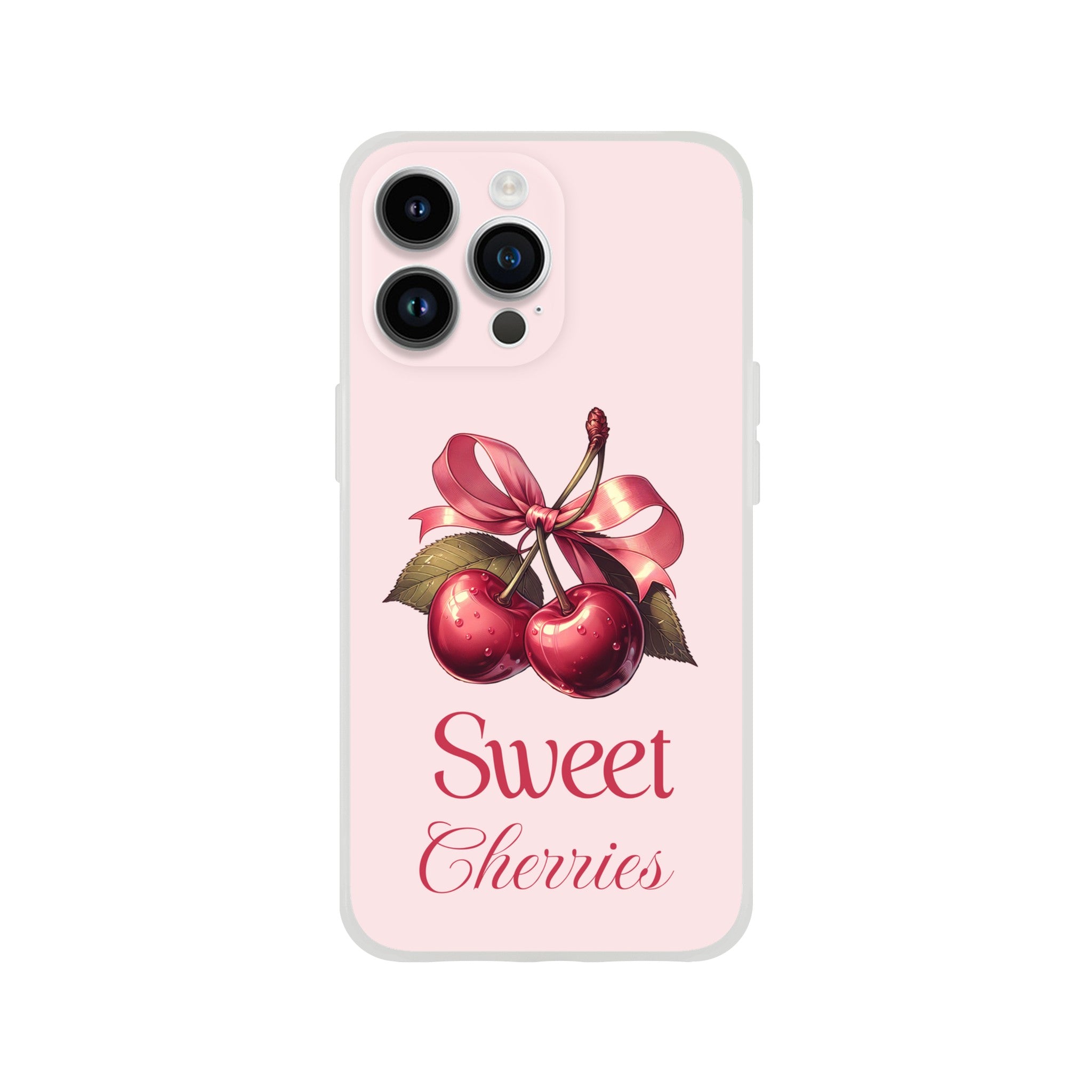 Pink cherry design iPhone case with ribbon-tied cherries and Sweet Cherries typography.