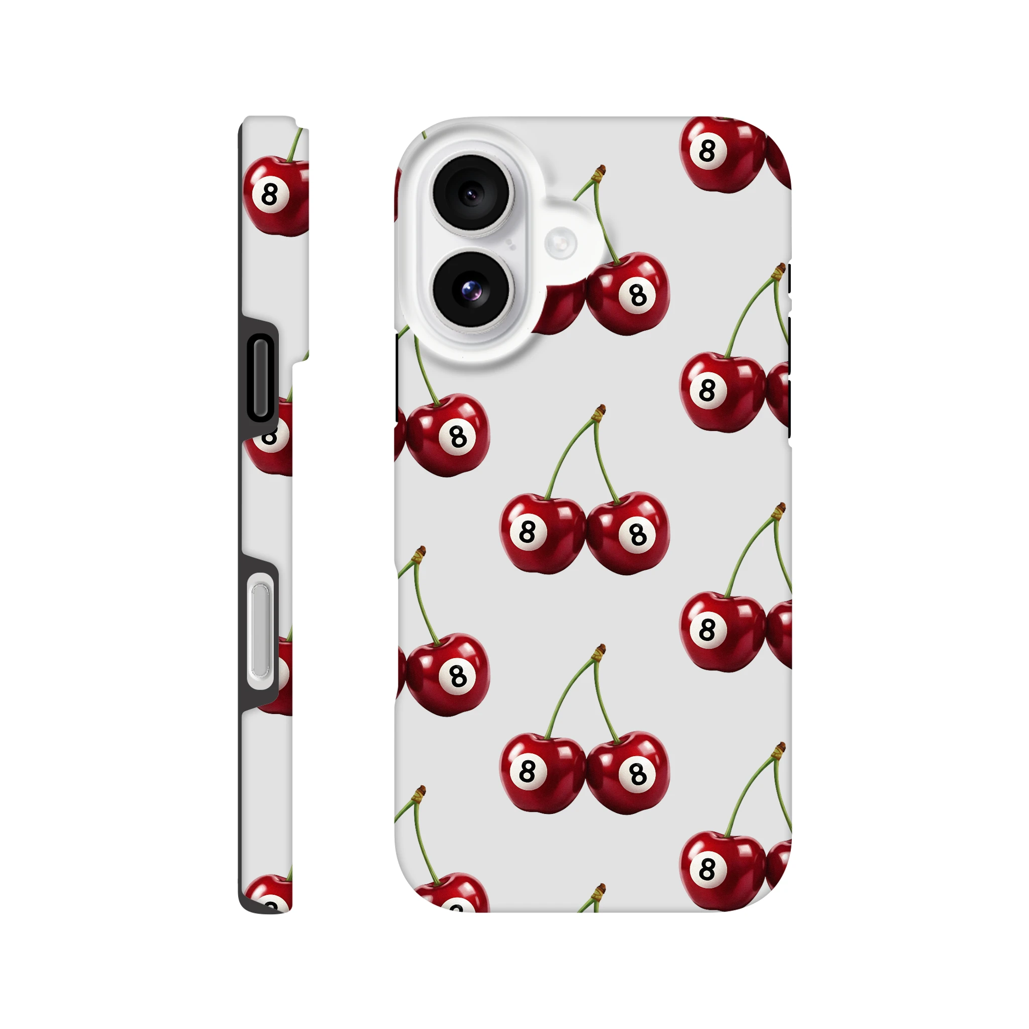 Lucky Cherries tough protective case for iPhone 16/15/14/13 with wraparound back-and-sides print and 8-ball cherries.