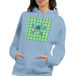 Light blue pullover hoodie featuring a green gingham square graphic with a purple gradient bow for a cute coquette aesthetic.