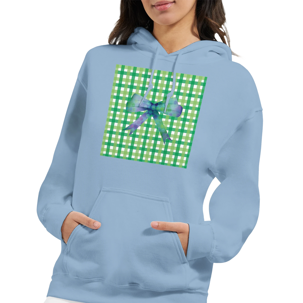 Light blue pullover hoodie featuring a green gingham square graphic with a purple gradient bow for a cute coquette aesthetic.