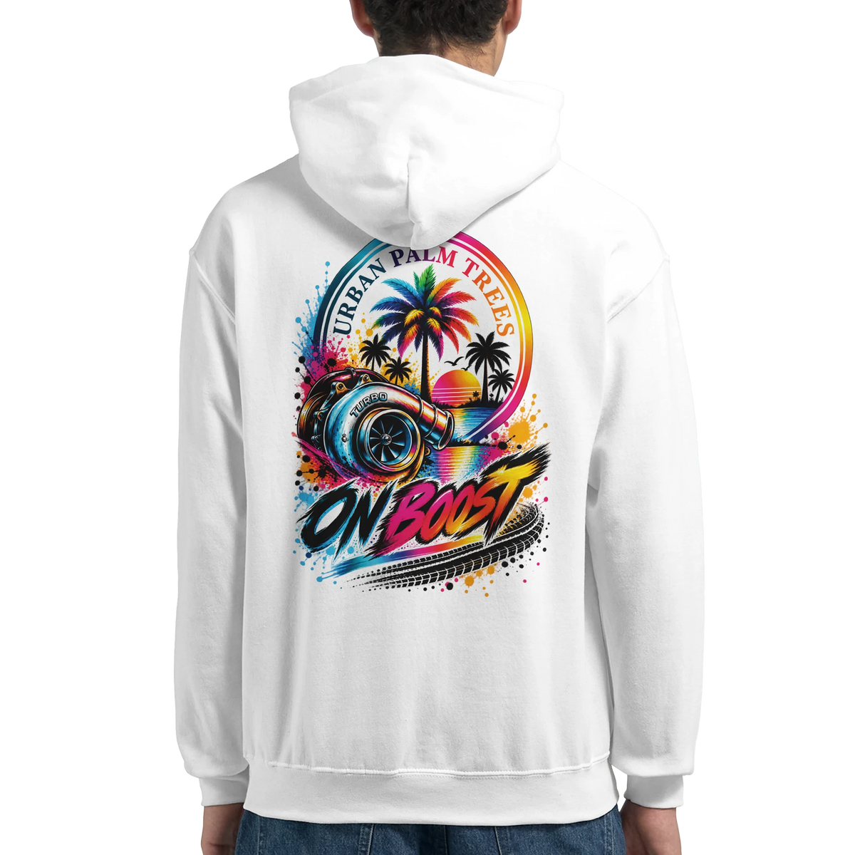 White men's turbo car hoodie featuring colorful back print of a turbocharger, palm trees, sunset, and "On Boost" text.