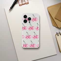 Slim transparent frosted phone case with glittery pink cherries pattern for iPhone 13 14 15 16.