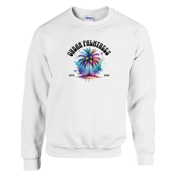 White sweatshirt with colorful palm tree graphic and Urban Palmtrees arch text, retro streetwear style.