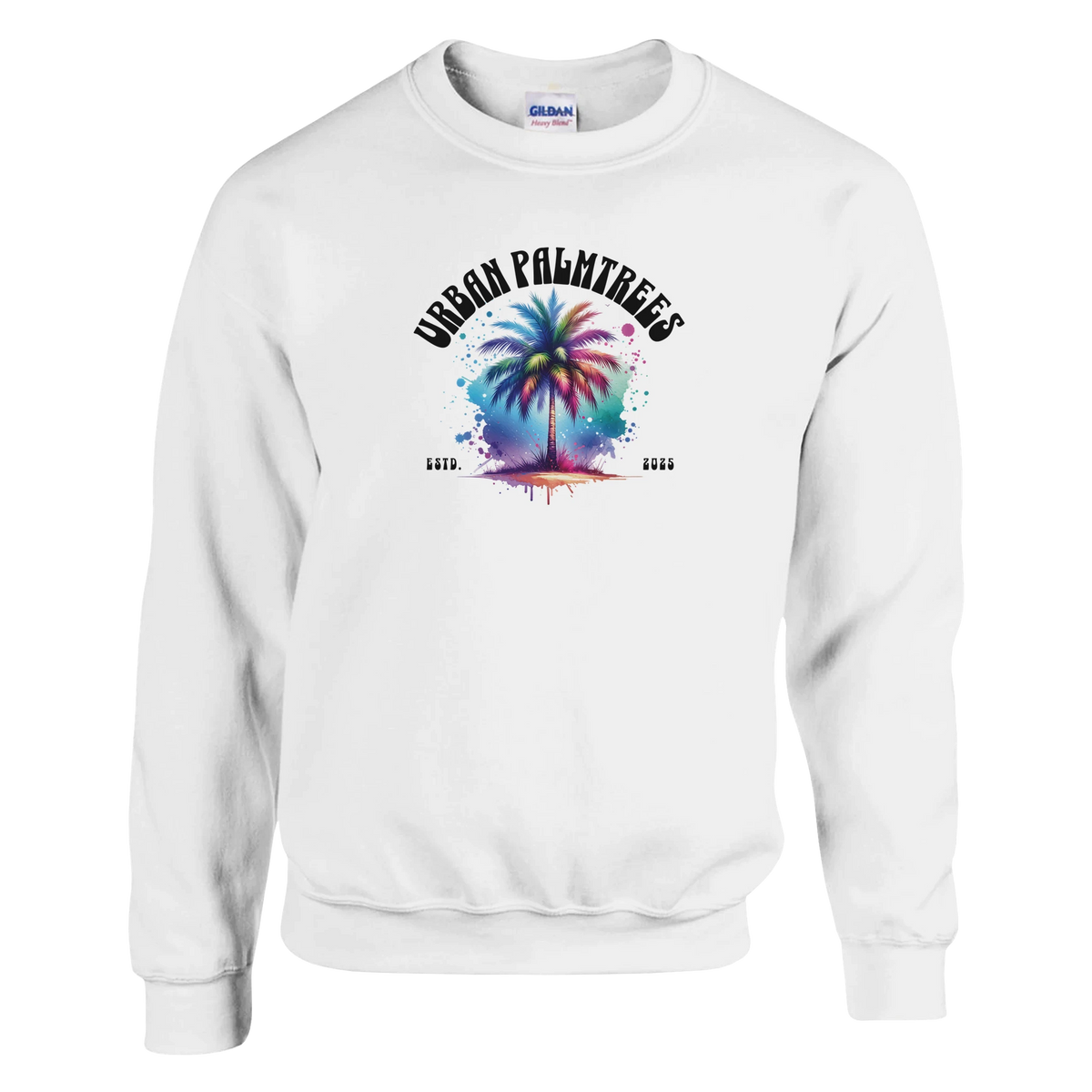 White sweatshirt with colorful palm tree graphic and Urban Palmtrees arch text, retro streetwear style.