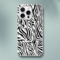 Black and white zebra print iPhone case (13-16) with Y2K animal aesthetic and durable print.