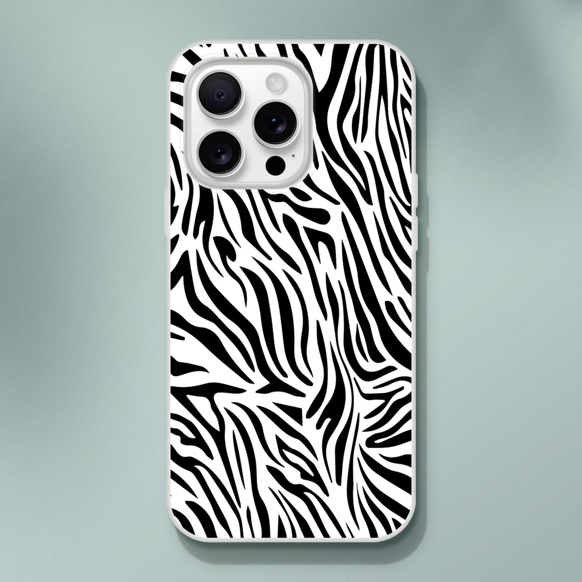 Black and white zebra print iPhone case (13-16) with Y2K animal aesthetic and durable print.