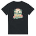 Black T-shirt with retro tropical surf graphic—sun, palm trees, surfer on a wave, hibiscus, and 'Enjoy The Waves'.