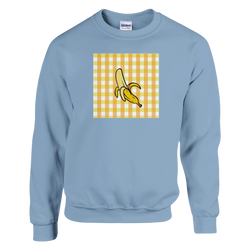 Light blue retro sweatshirt featuring a peeled banana graphic inside a yellow and white gingham square patch.