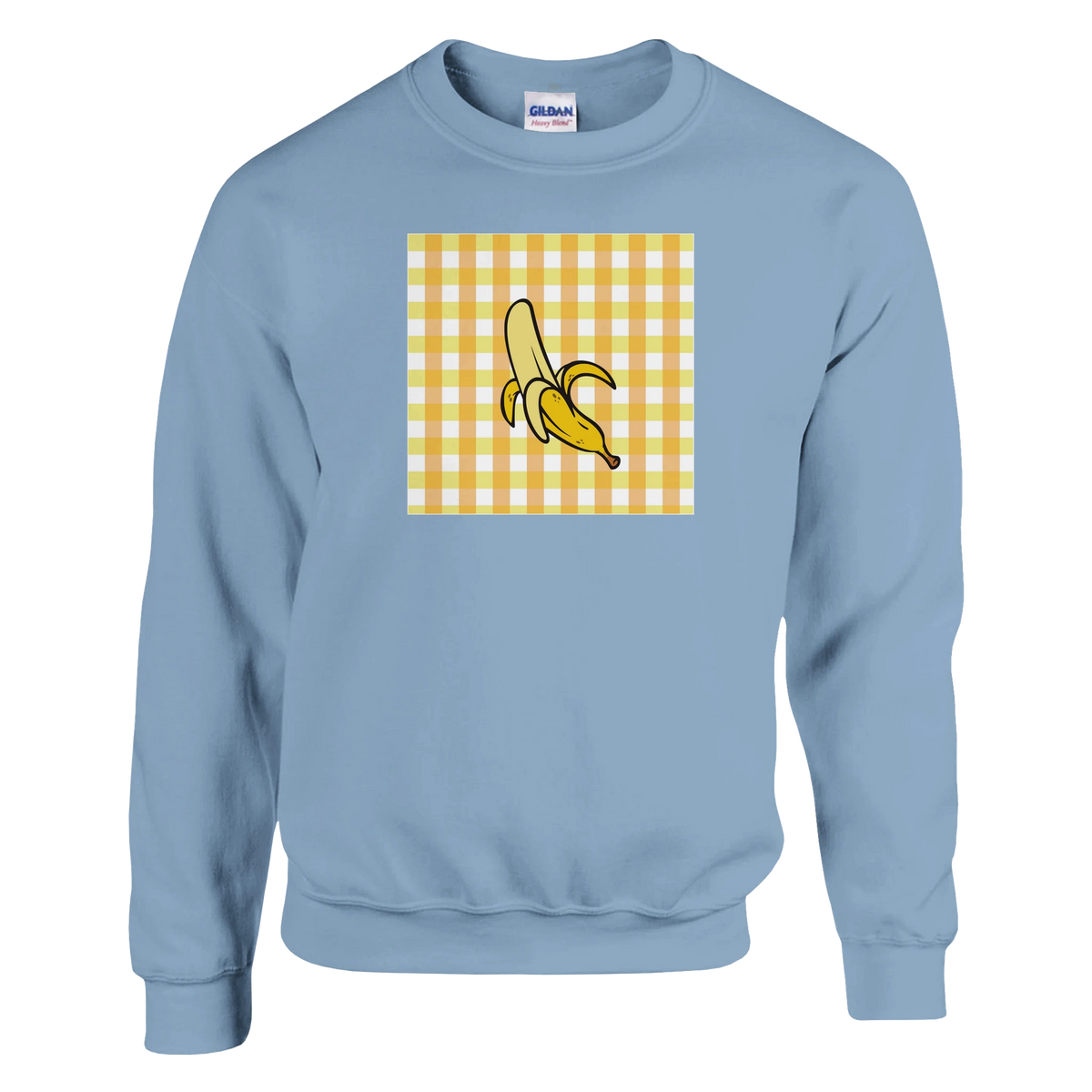 Light blue retro sweatshirt featuring a peeled banana graphic inside a yellow and white gingham square patch.