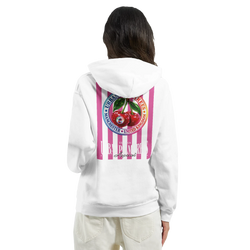 White hoodie featuring retro pink striped back print with vintage cherry graphic and Urban Trees branding for playful streetwear.