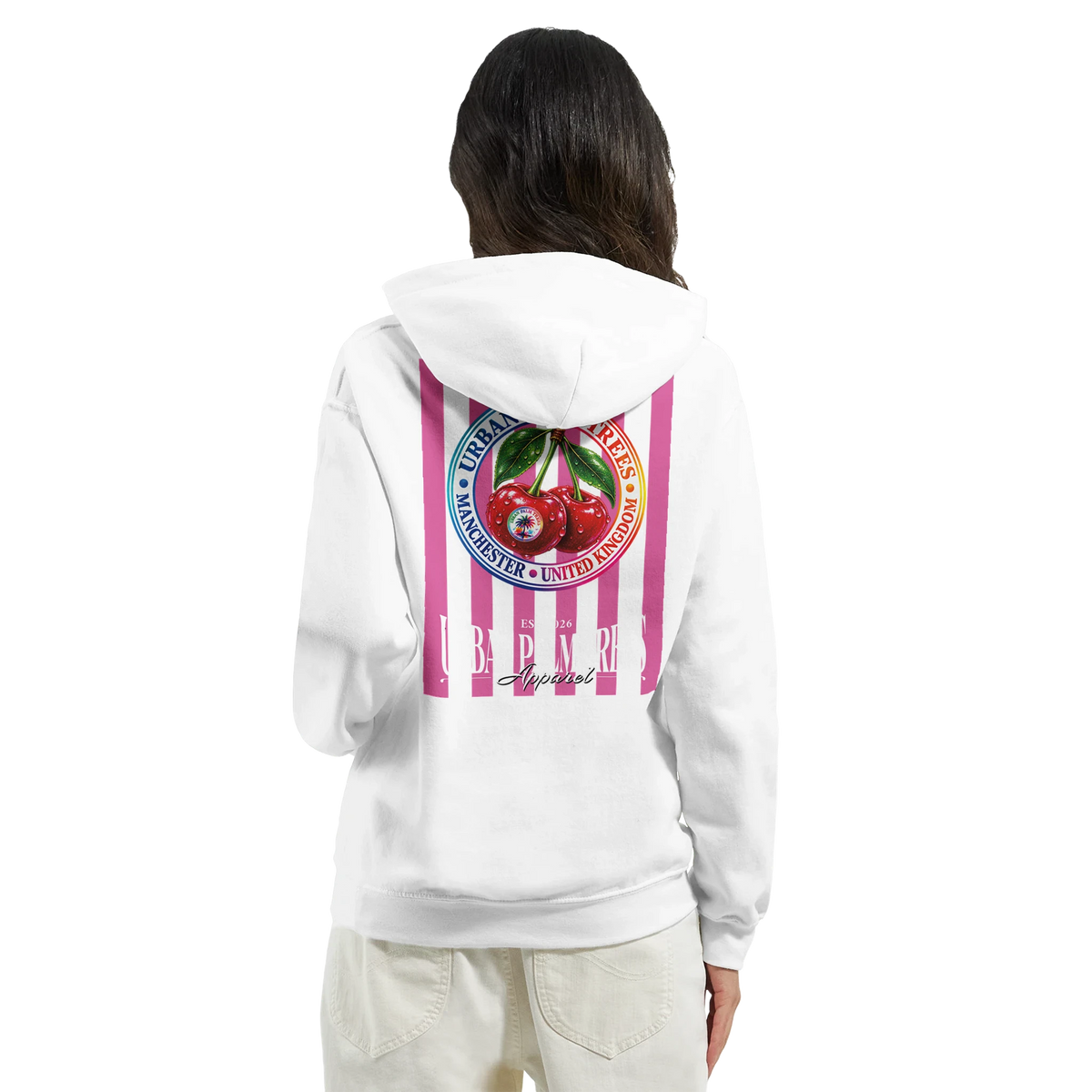 White hoodie featuring retro pink striped back print with vintage cherry graphic and Urban Trees branding for playful streetwear.