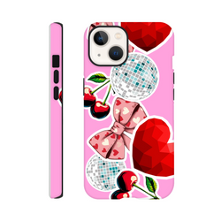 Pink iPhone case with sticker effect design featuring cherry bow, disco ball, and red heart graphics in bold Y2K style.