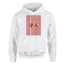 White retro scooter hoodie featuring vintage orange Vespa graphic on red stripes, classic mod style pullover.