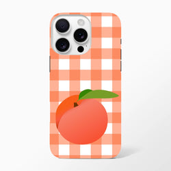 Retro peach gingham iPhone case with checkered pattern and large fruit graphic for iPhone 13-16