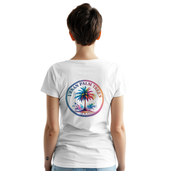 Back view of a woman wearing a white vintage-inspired palm tree graphic tee with a circular rainbow design.