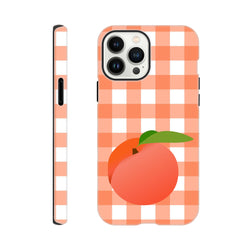 Retro peach gingham iPhone case featuring a large fruit illustration on a coral and white checkered background.