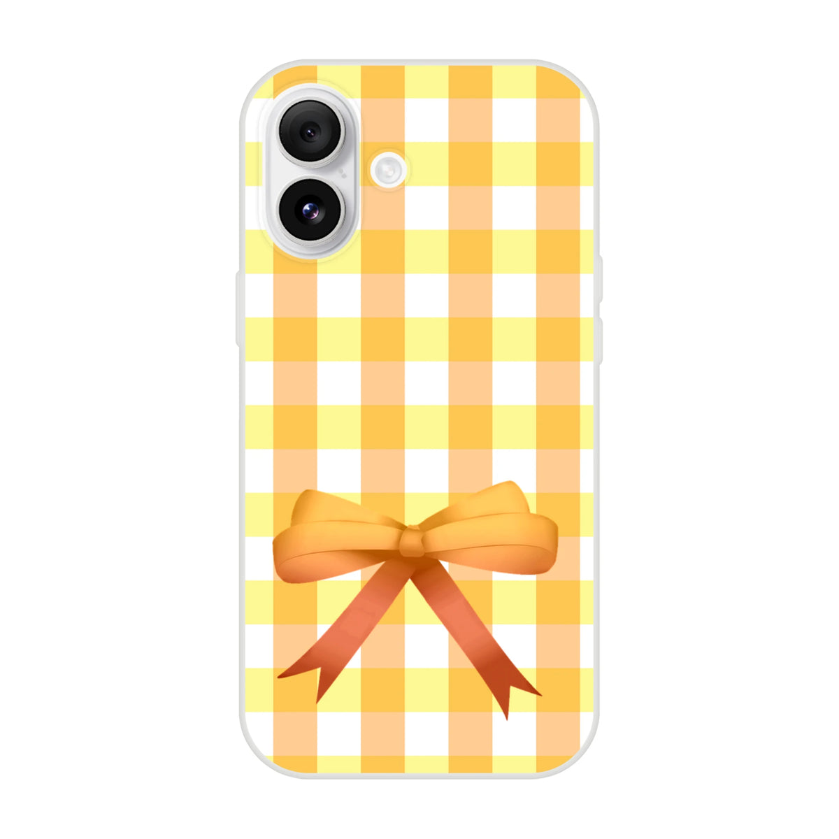 Yellow gingham bow iPhone case for iPhone 13–15 in a Cute Coquette aesthetic with a bow detail.