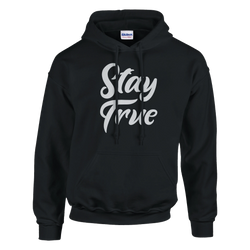 Black hoodie with Stay True script graphic, front pouch pocket, double-lined drawstring hood.