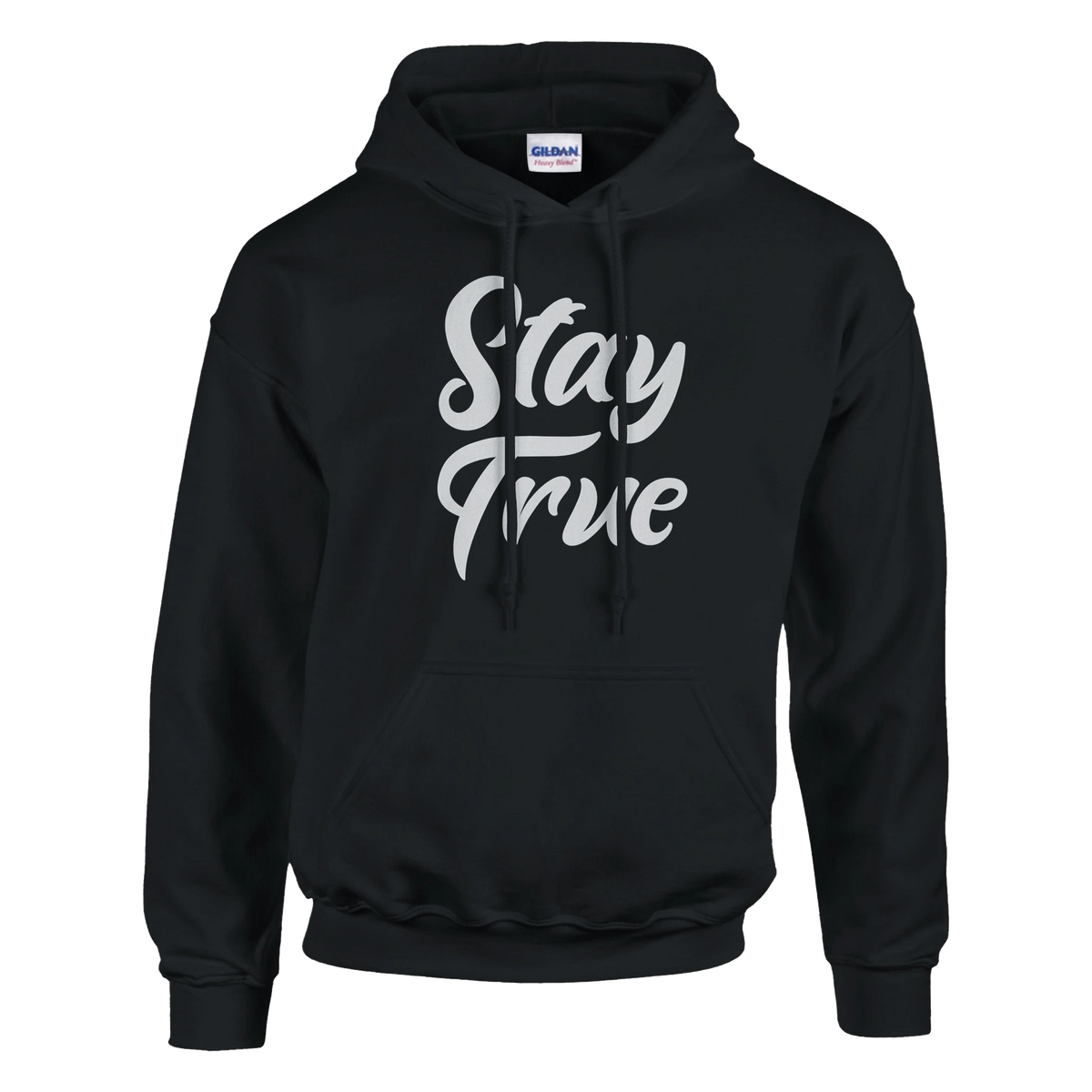 Black hoodie with Stay True script graphic, front pouch pocket, double-lined drawstring hood.
