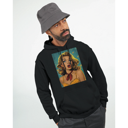 Black vintage streetwear hoodie featuring a bold retro pop art pin-up woman graphic print on the chest.