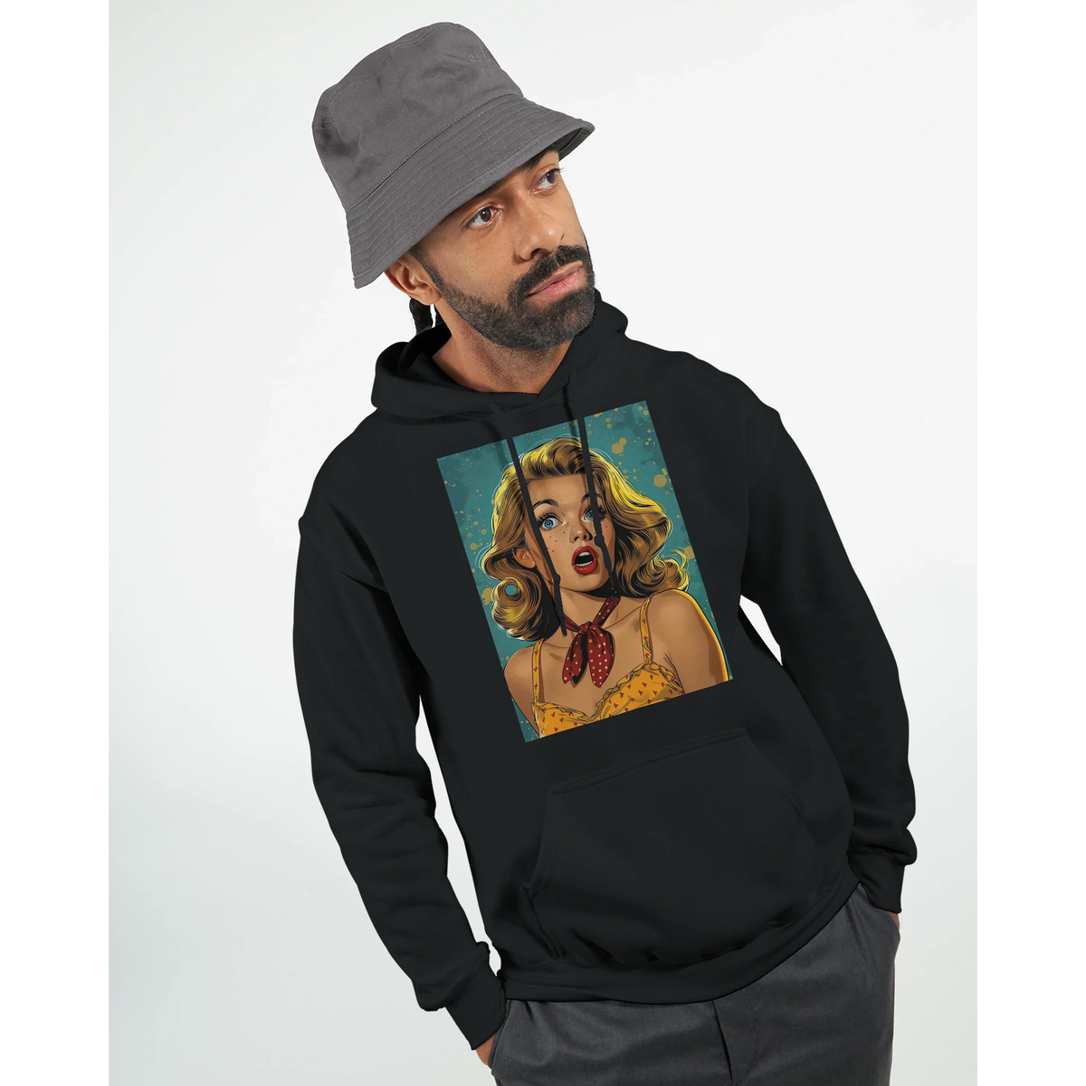 Black vintage streetwear hoodie featuring a bold retro pop art pin-up woman graphic print on the chest.