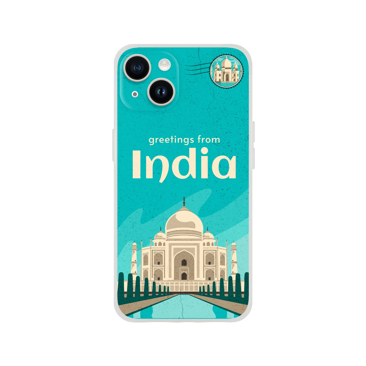 Vintage Postcard iPhone Case for iPhone 13-16, India Holiday design with Taj Mahal on turquoise background