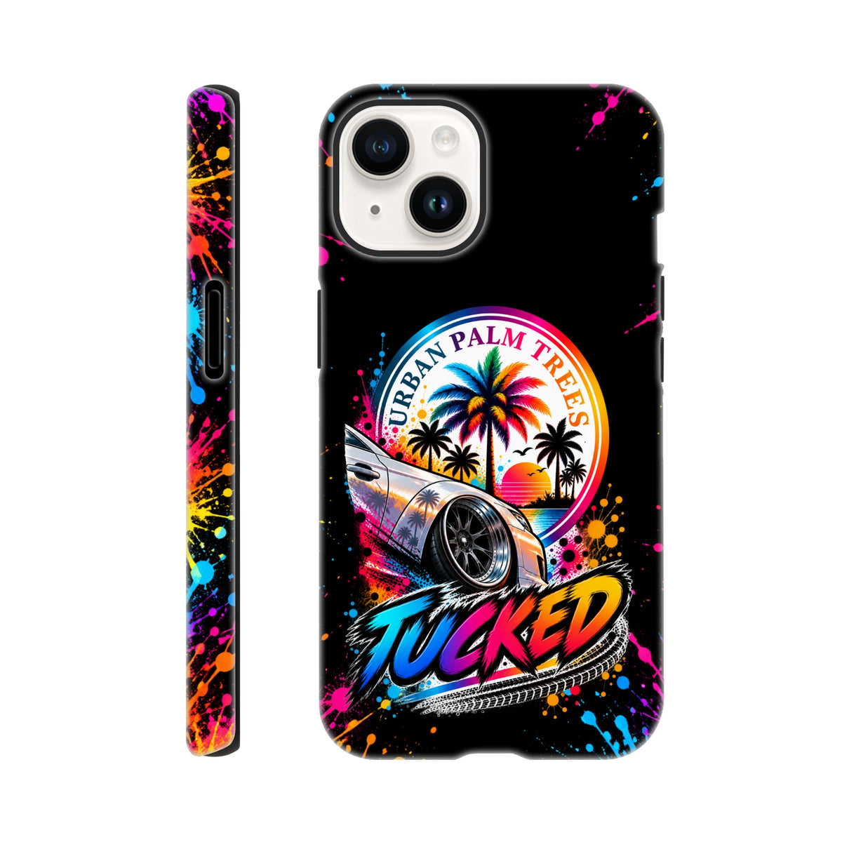 Tucked Petrolhead iPhone case featuring a lowered car, colorful palm trees, and neon splatter art on a black background with wraparound sides.