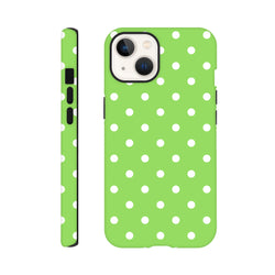 Green and white polka dot tough iPhone case with shock-absorbing TPU core and dual-layer protection for daily drops.