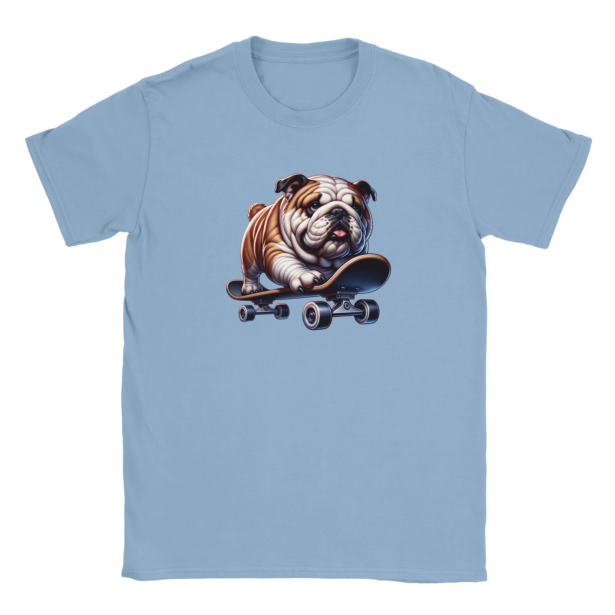 Light blue men's graphic tee with a skateboarding bulldog illustration on soft cotton blend fabric.