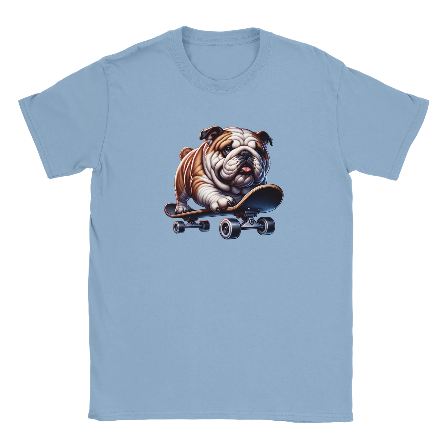 Light blue men's graphic tee with a skateboarding bulldog illustration on soft cotton blend fabric.