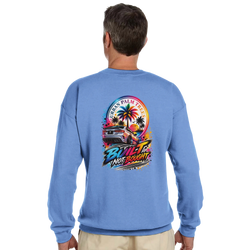 Blue sweatshirt back featuring colorful "Built Not Bought" graphic with modified car, palm trees, and Urban Palm Trees text.