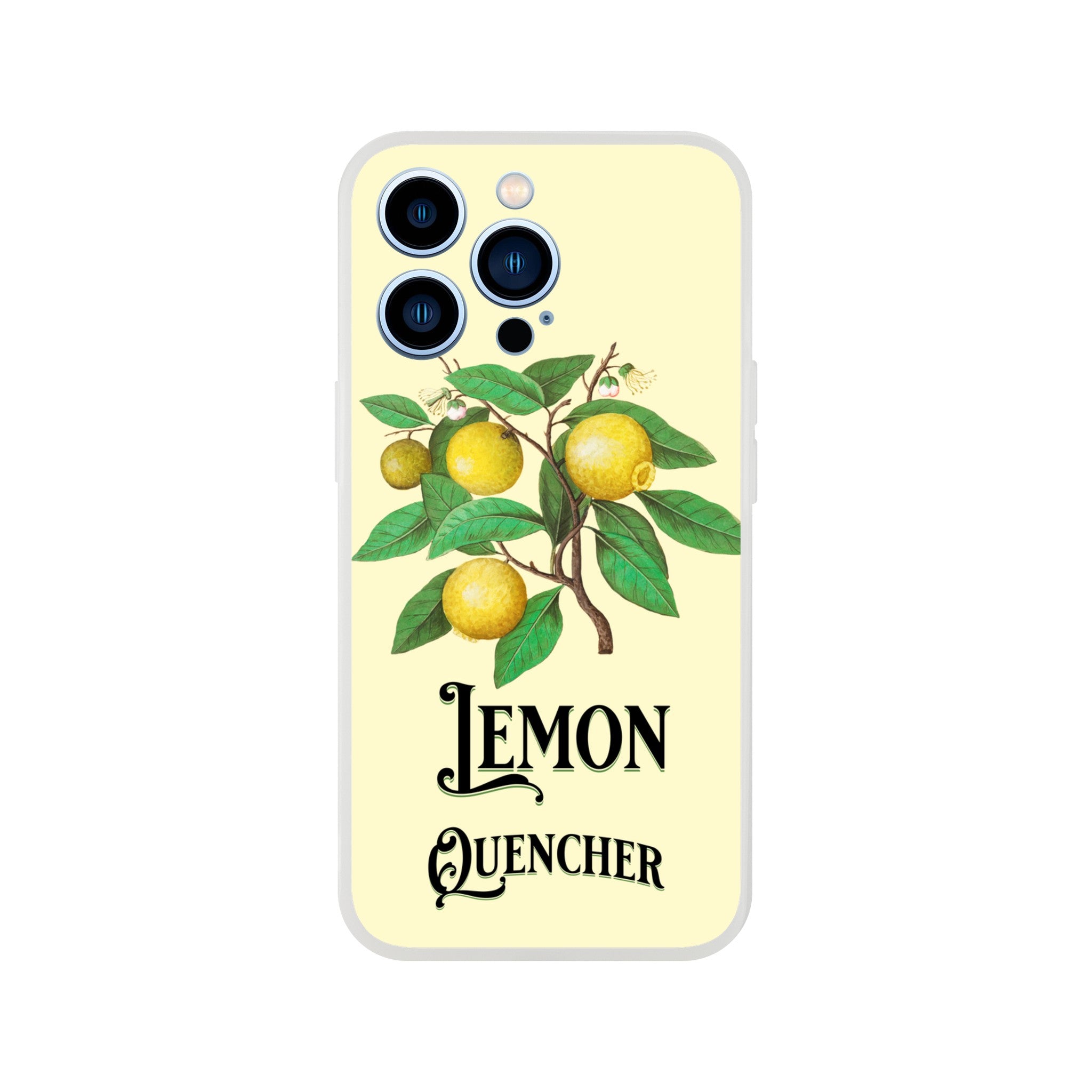 Slim pale yellow iPhone case with lemon branch illustration and 'LEMON QUENCHER' lettering.