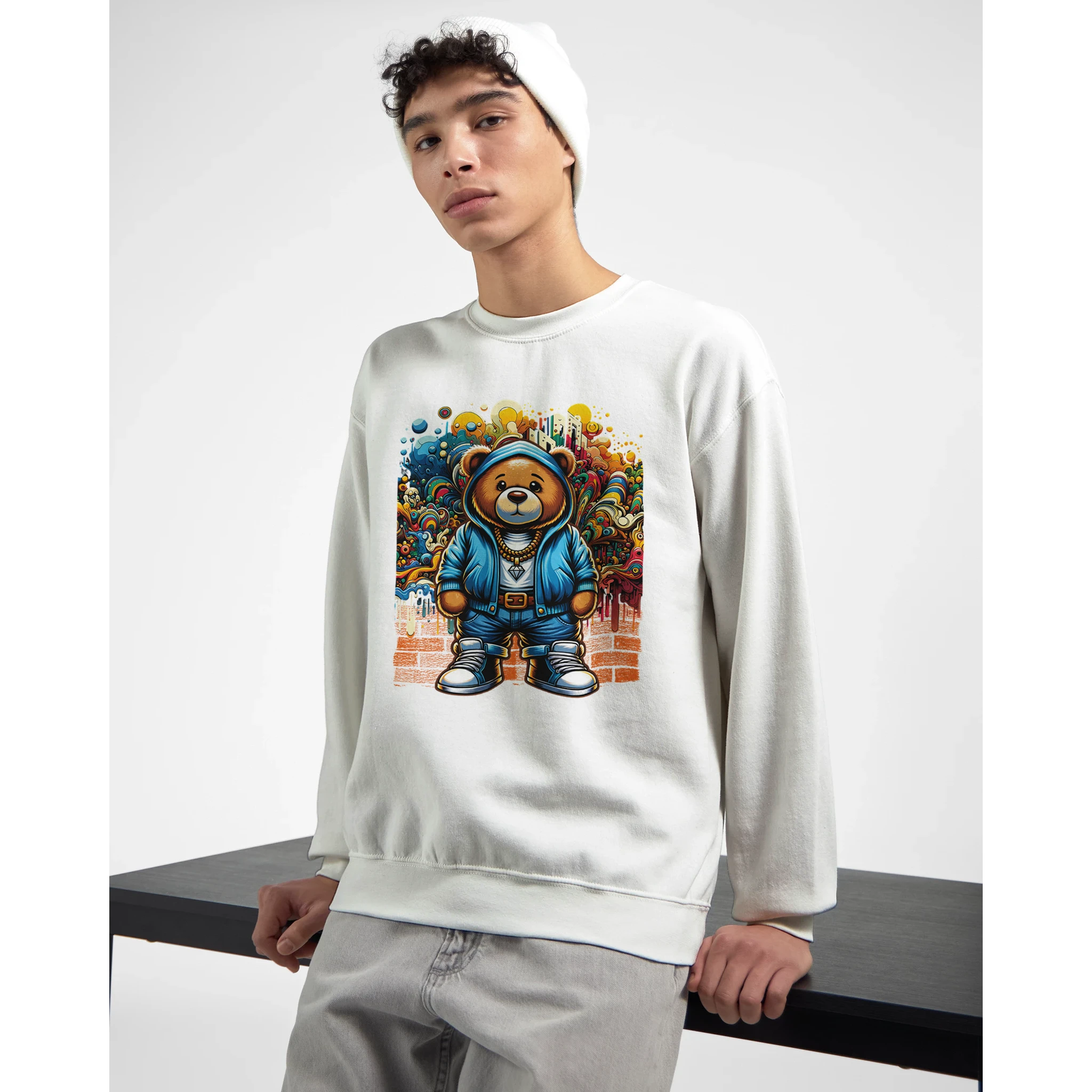 White Urban Teddy Bear men's graphic sweatshirt with a colorful bear in hoodie against graffiti backdrop.