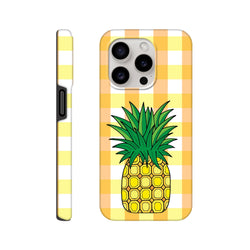 Yellow gingham iPhone case featuring a cute tropical pineapple illustration, offering tough drop protection and street aesthetic style.