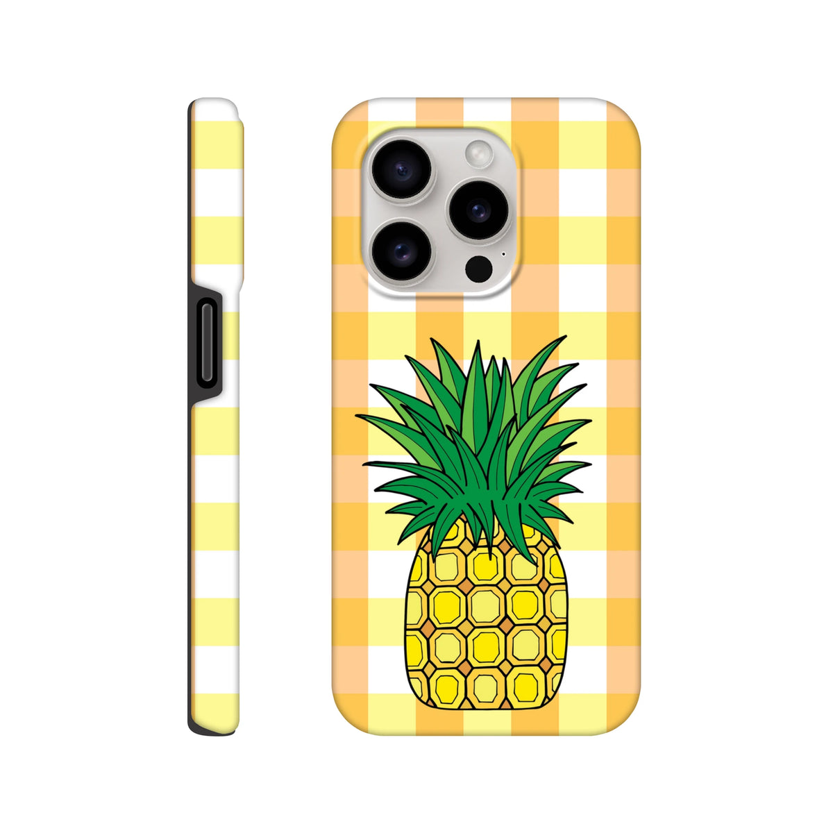 Yellow gingham iPhone case featuring a cute tropical pineapple illustration, offering tough drop protection and street aesthetic style.