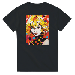 Black t-shirt featuring a vibrant 70s pop art girl with blonde hair and colorful polka dots in a retro psychedelic streetwear style.