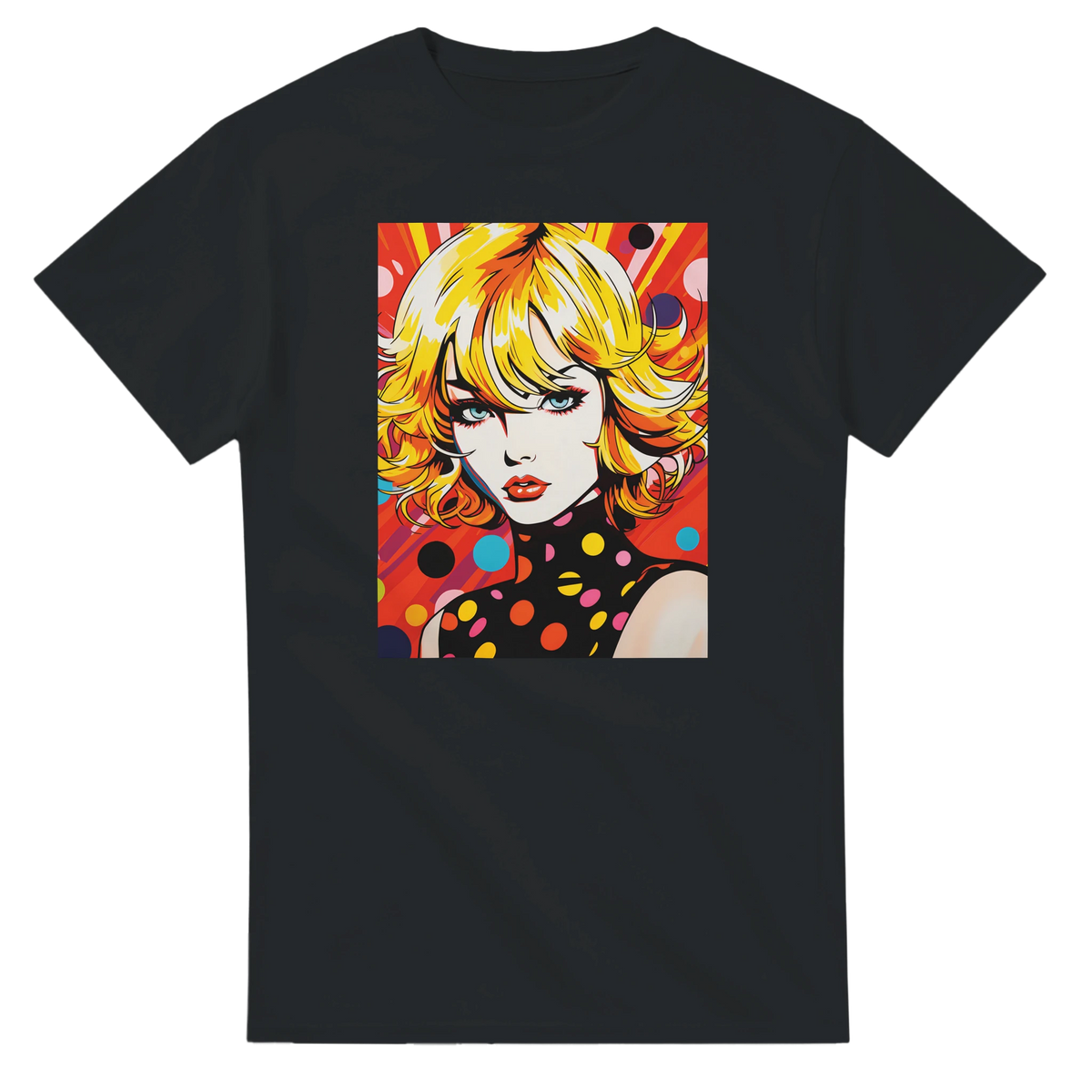 Black t-shirt featuring a vibrant 70s pop art girl with blonde hair and colorful polka dots in a retro psychedelic streetwear style.