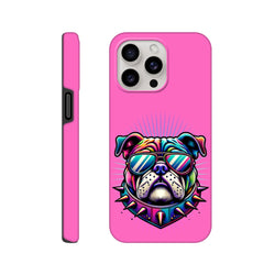 Pink tough iPhone case featuring a colorful retro bulldog wearing sunglasses and a spiked collar. Shock-absorbing phone cover for urban style.