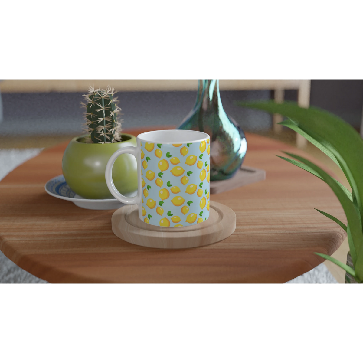 Cute mini lemon-pattern ceramic mug with blue citrus design for coffee on a wooden table.
