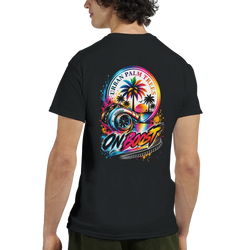 Black men's tee featuring colorful "On Boost" turbo graphic with palm trees and sunset. Modified car culture streetwear graphic tee.