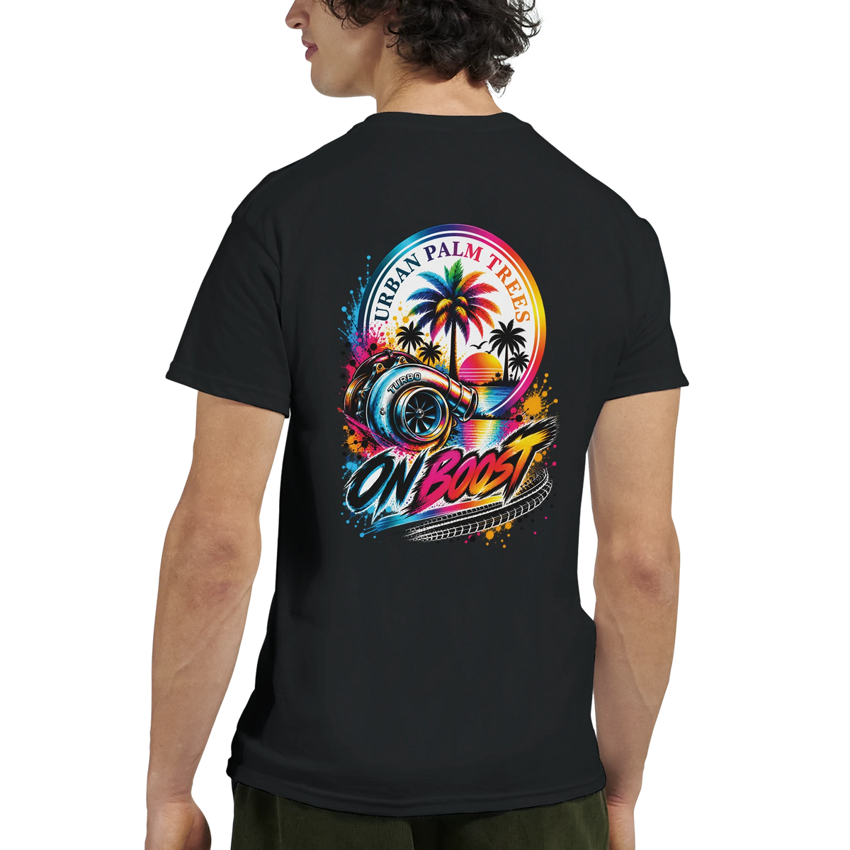Black men's tee featuring colorful "On Boost" turbo graphic with palm trees and sunset. Modified car culture streetwear graphic tee.
