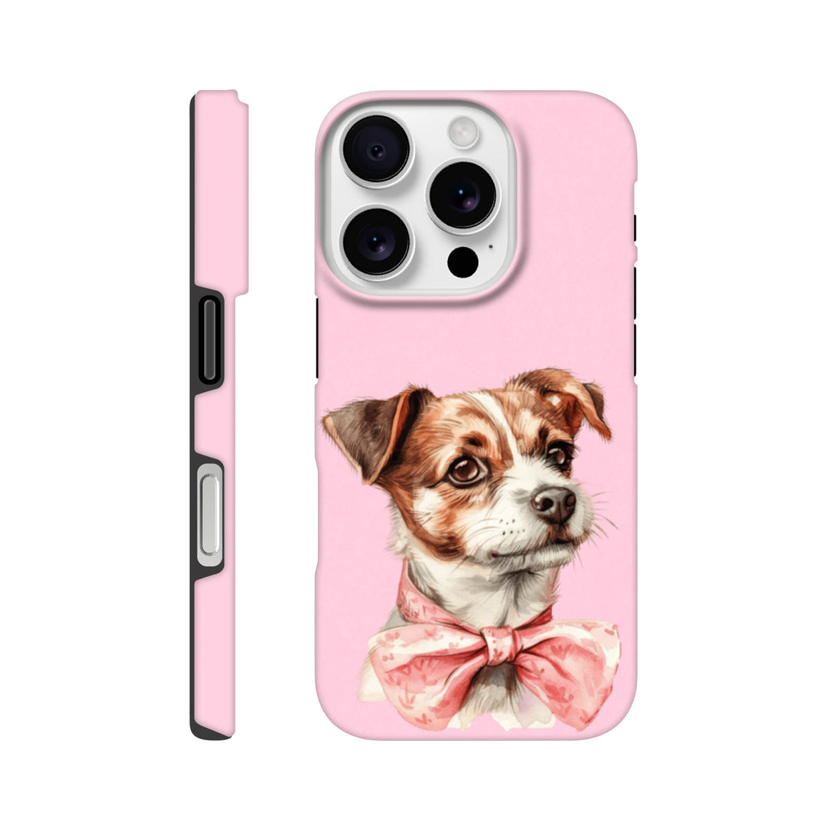 Pink tough iPhone case featuring a cute dog portrait wearing a floral pink bow tie for shock-absorbent protection.
