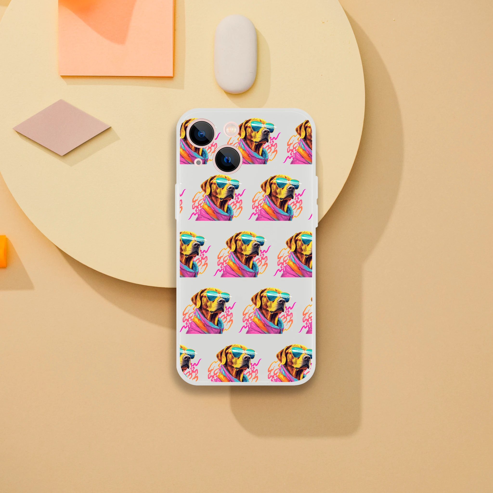 Slim protective transparent case for iPhone 13-16 featuring a repeating colorful dog wearing sunglasses.