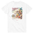 Tequila-themed women's graphic T-shirt in blue, white, or pink with tropical beach scene on soft cotton blend.