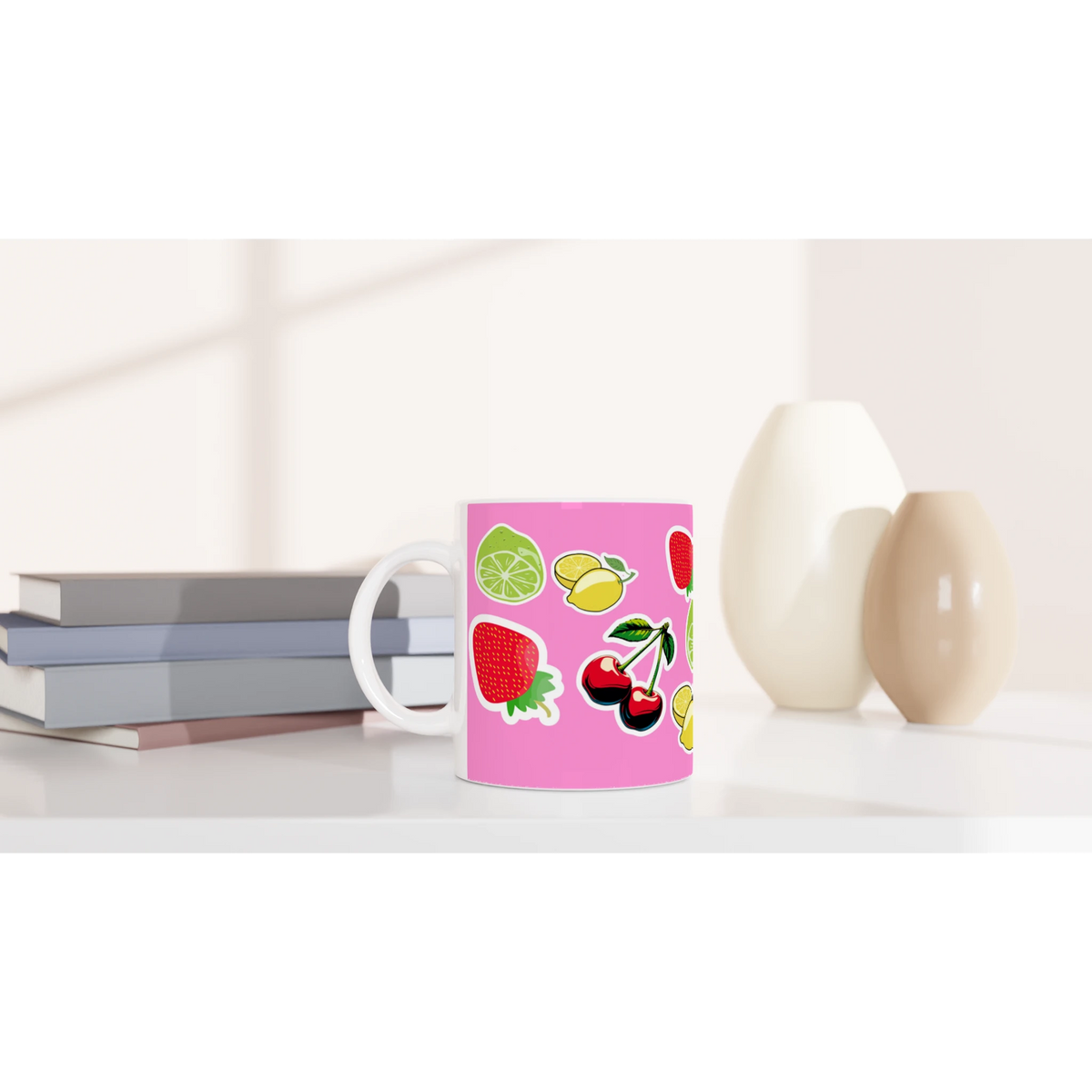 Cute pink fruit ceramic mug with cherries, lemons, and lime stickers.